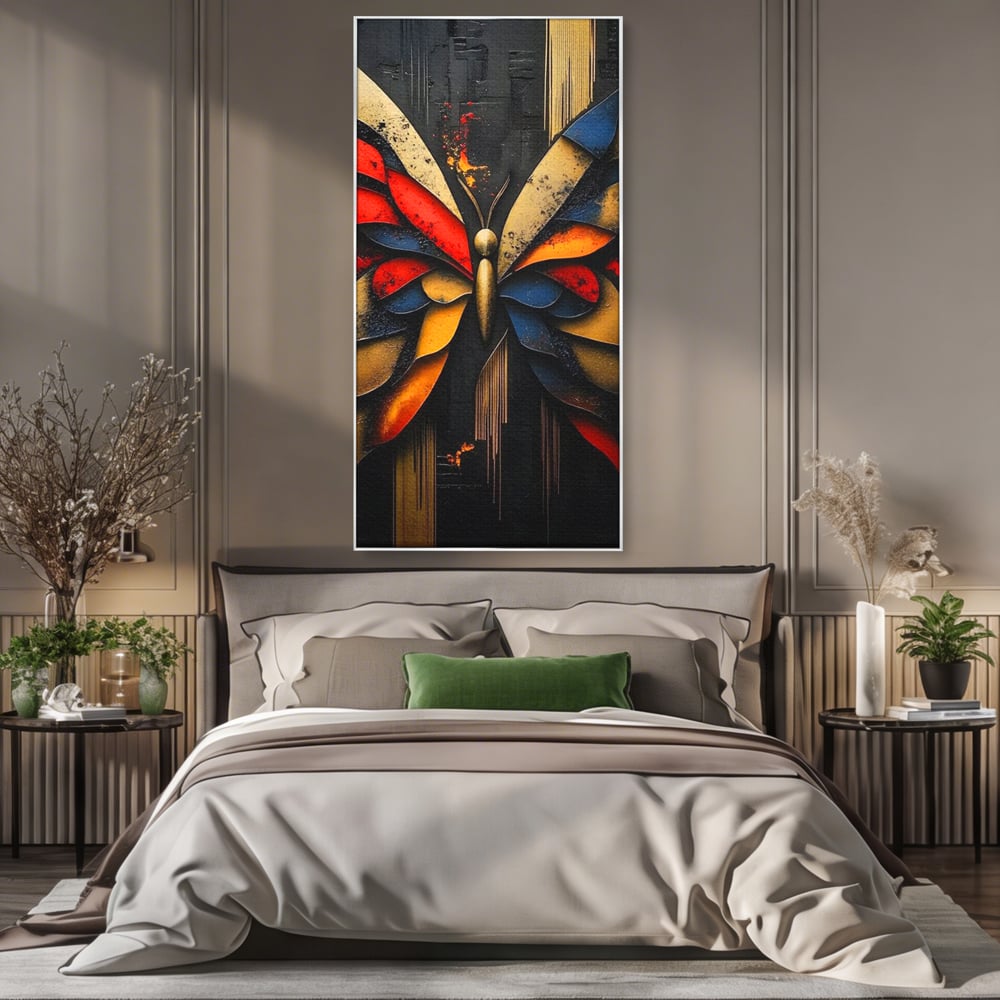 Tablou canvas cu tablou canvas cu fluture abstract, in rama de aluminiu argintiu, pe perete intr-un dormitor